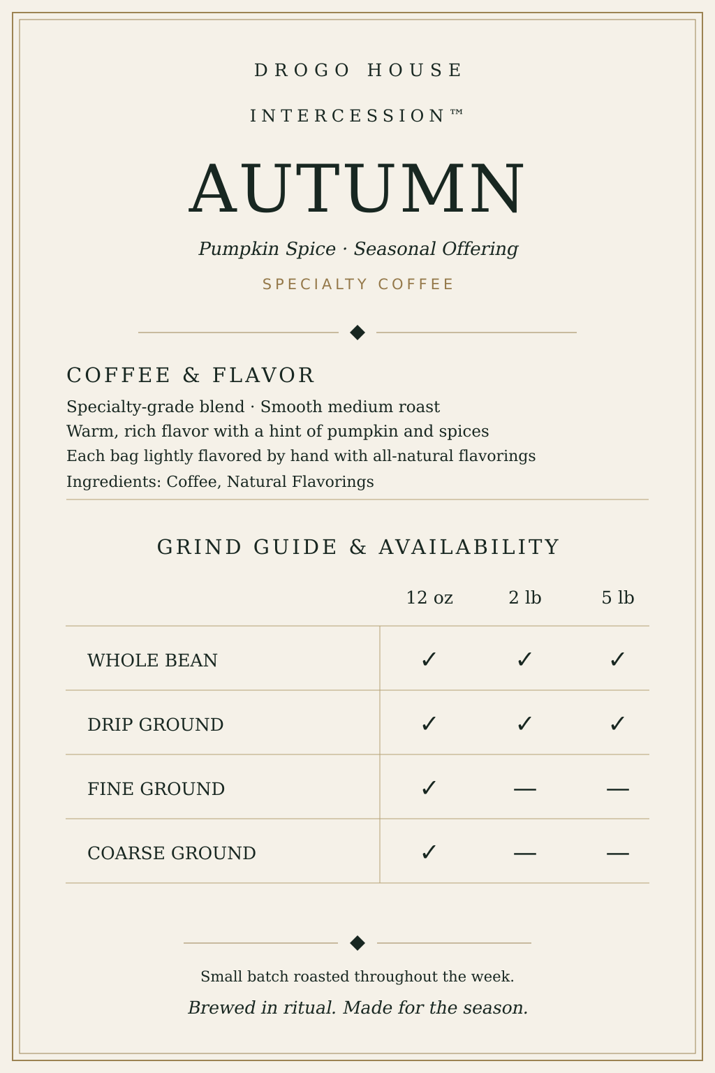 Autumn technical card with verified medium roast, coffee flavor, ingredients, and size and grind availability