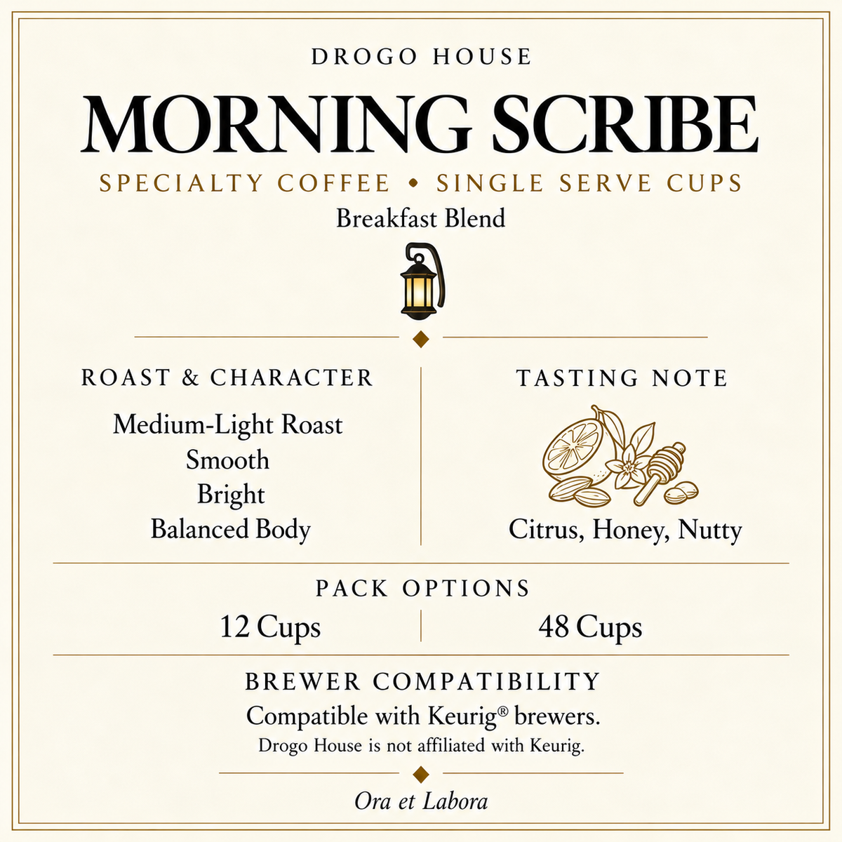 Morning Scribe single use specialty coffee — Medium-Light roast, tasting notes, pack options and brewer compatibility