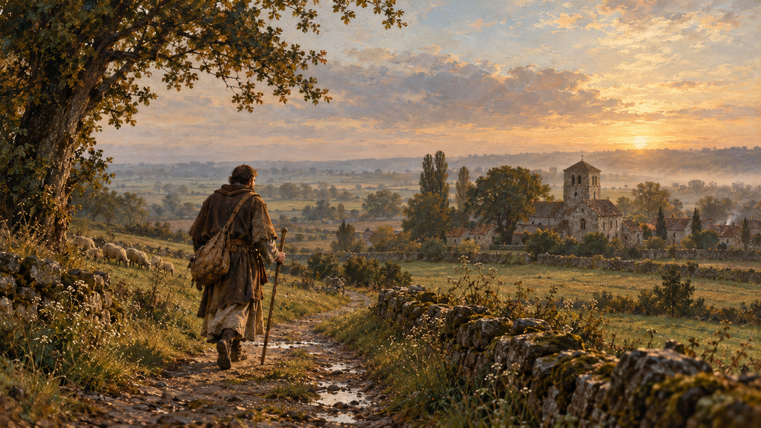 Painterly scene of a medieval pilgrim walking toward a rural church with sheep at dawn