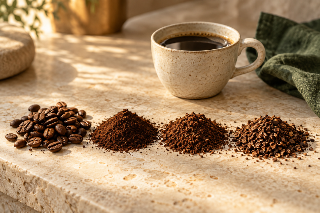 Whole coffee beans and three grind textures beside a ceramic cup of black coffee.