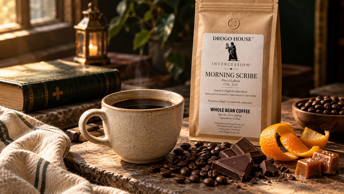 Morning Scribe specialty coffee with a black coffee and visual cues for chocolate, citrus, and caramel tasting notes