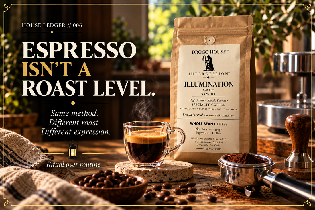 House Ledger 006 Espresso Isn't a Roast Level featuring Illumination Blonde Espresso and espresso brewing equipment