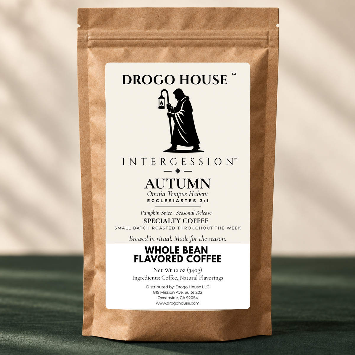 Drogo House Autumn Pumpkin Spice coffee, 12 oz whole bean bag with approved label