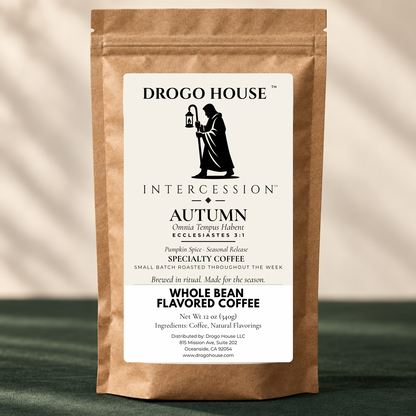 Drogo House Autumn Pumpkin Spice coffee, 12 oz whole bean bag with approved label