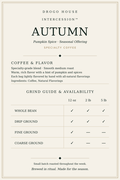 Autumn technical card with verified medium roast, coffee flavor, ingredients, and size and grind availability
