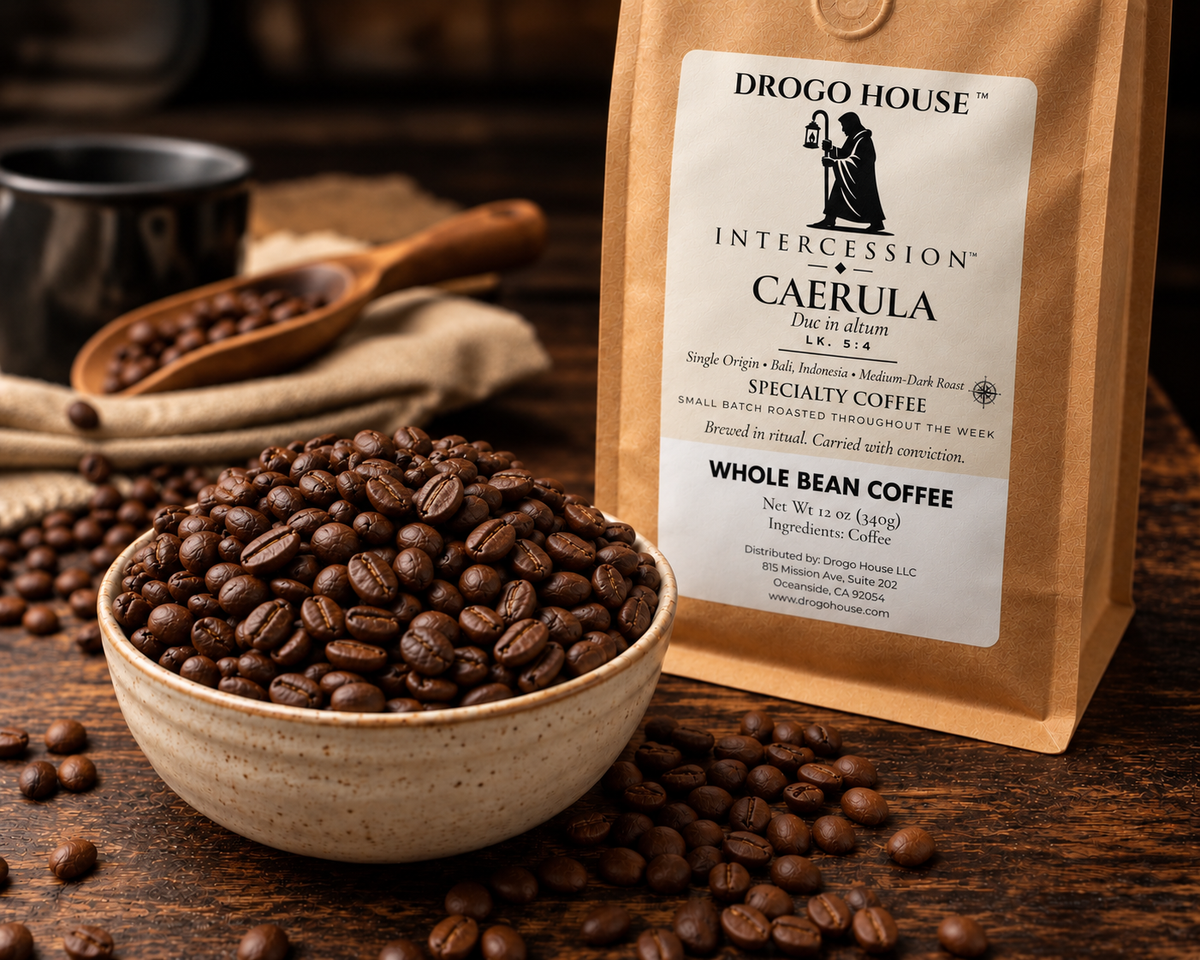CAERULA coffee bag beside a bowl of roasted coffee beans