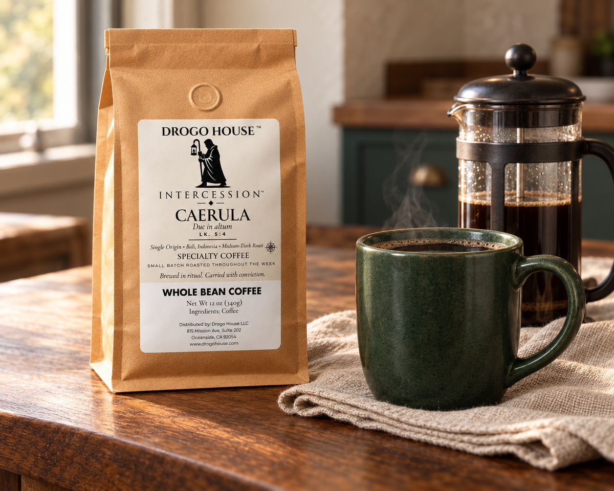 CAERULA Bali coffee beside a green mug and French press