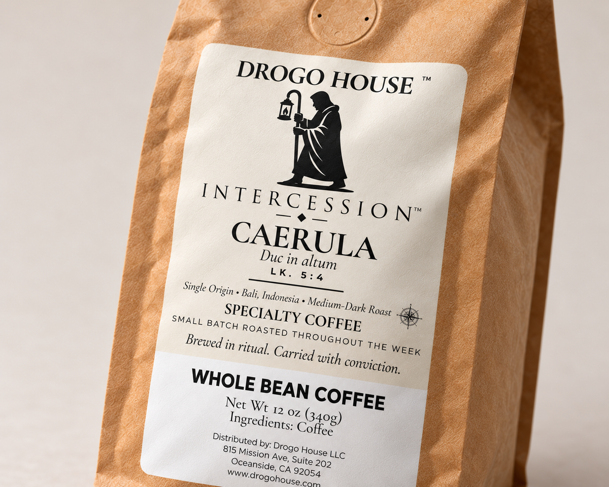 Angled close-up of the CAERULA Bali coffee label on kraft packaging