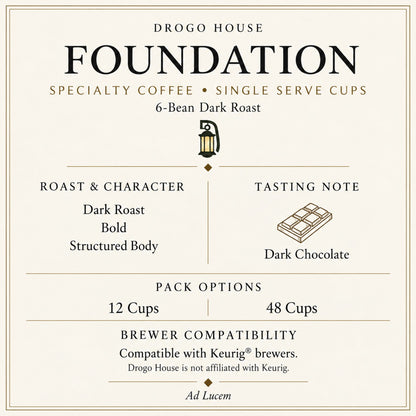 Foundation single use specialty coffee — roast, tasting note, pack options and brewer compatibility