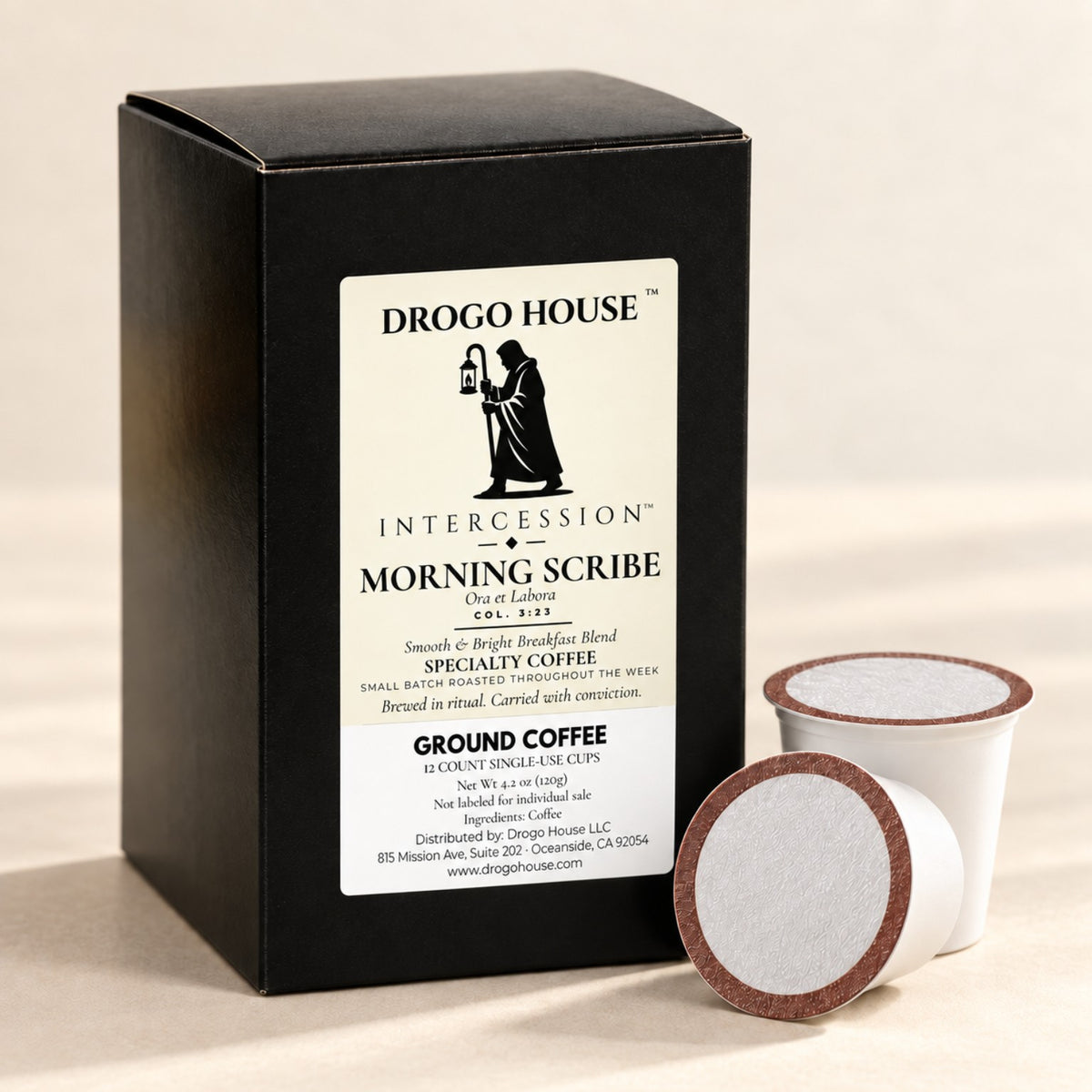 Morning Scribe single use specialty coffee — 12-count box with plain single-use cups