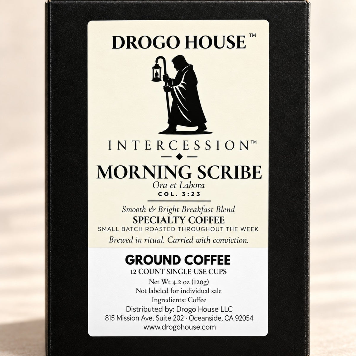 Morning Scribe single use specialty coffee — package label close-up
