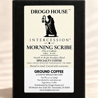 Morning Scribe single use specialty coffee — package label close-up