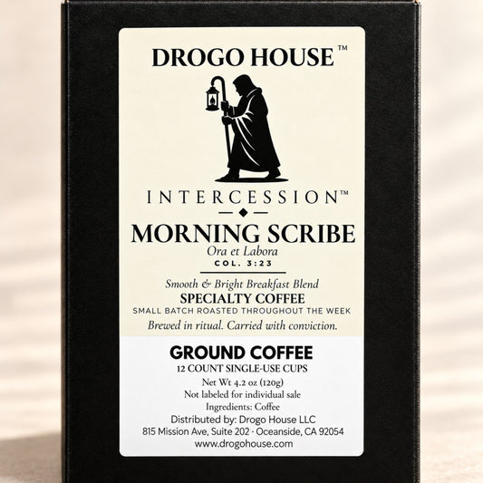 Morning Scribe single use specialty coffee — package label close-up