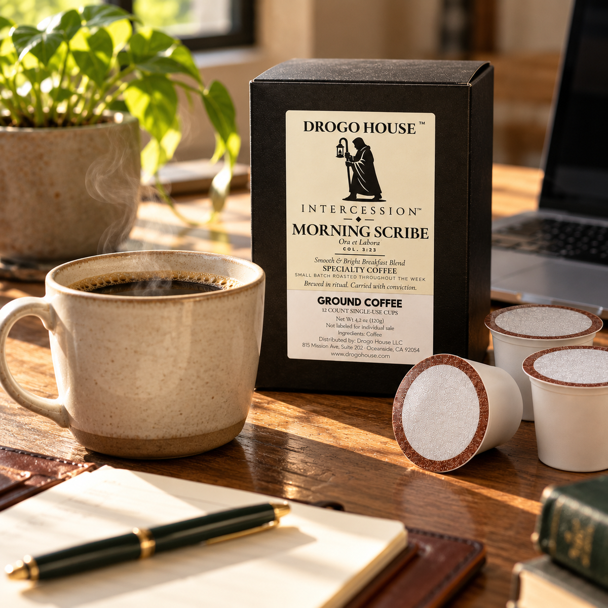 Morning Scribe single use specialty coffee — warm morning workspace ritual