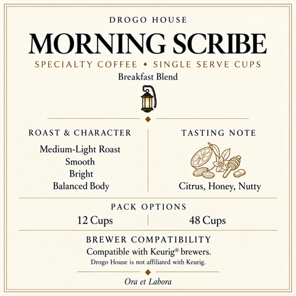 Morning Scribe single use specialty coffee — Medium-Light roast, tasting notes, pack options and brewer compatibility
