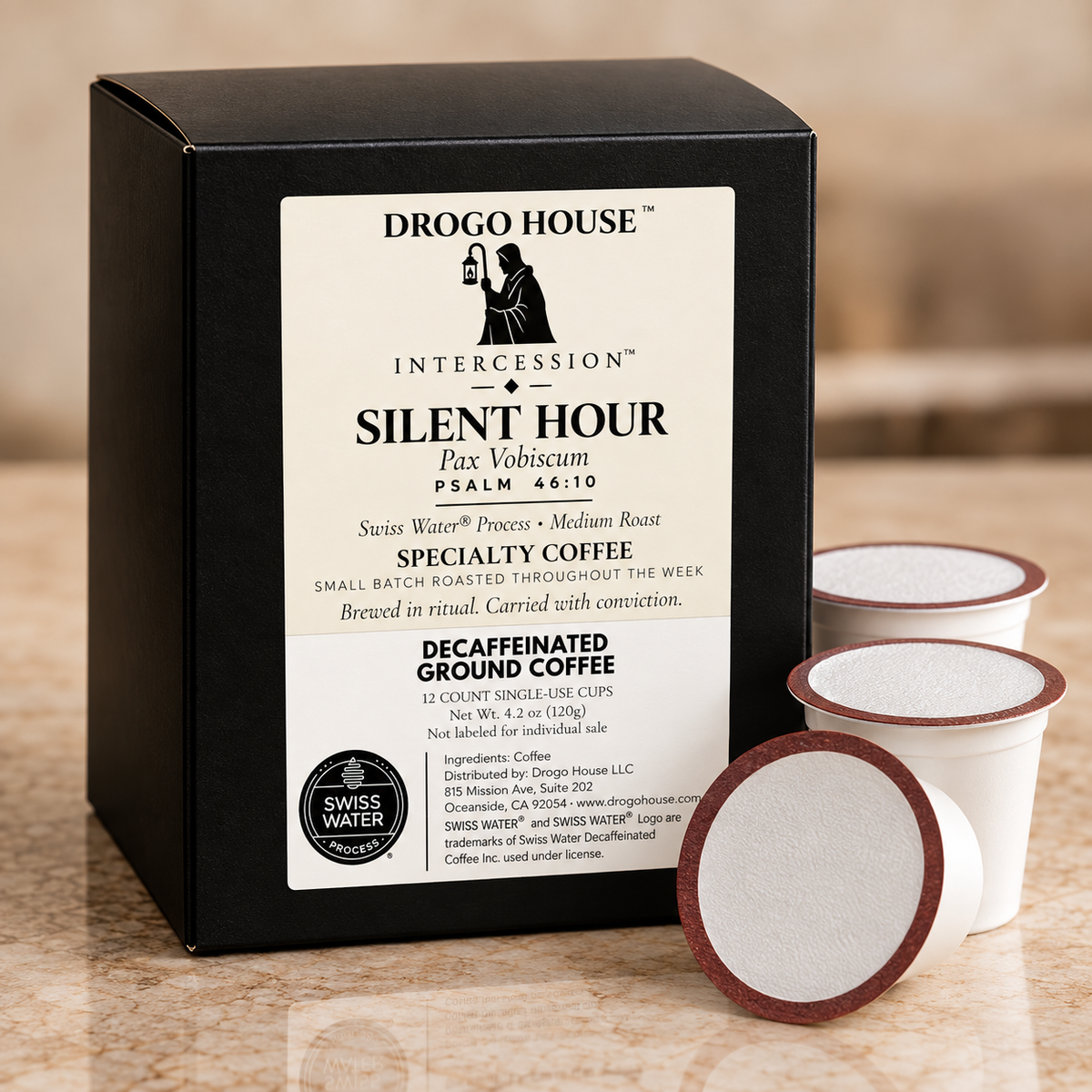 Silent Hour Swiss Water decaf single use specialty coffee — 12-count box with plain single-use cups