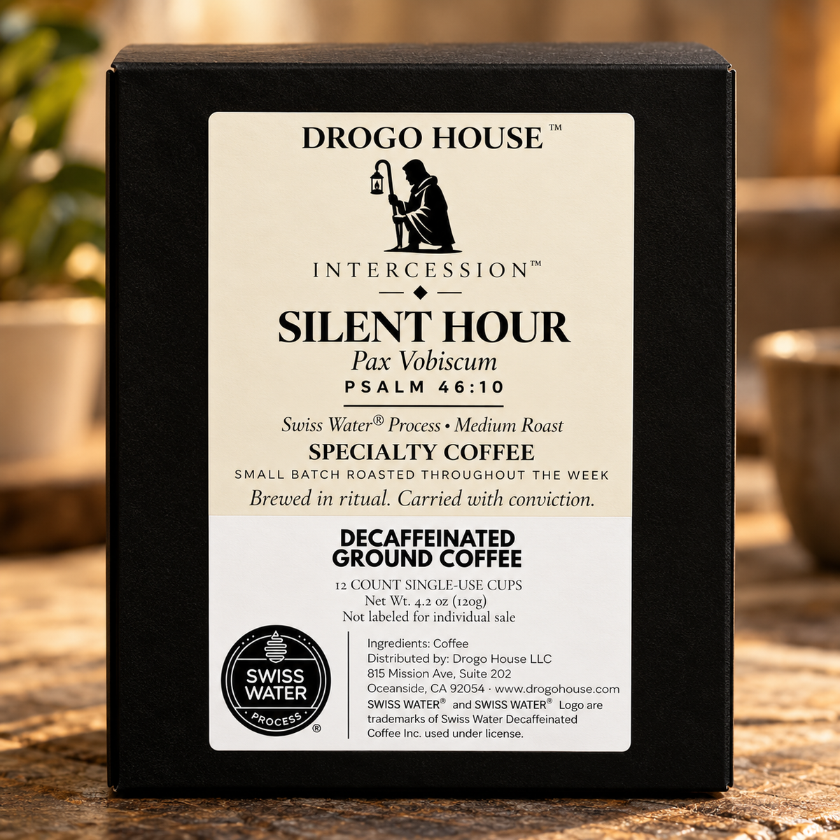 Silent Hour Swiss Water decaf single use specialty coffee — package label close-up
