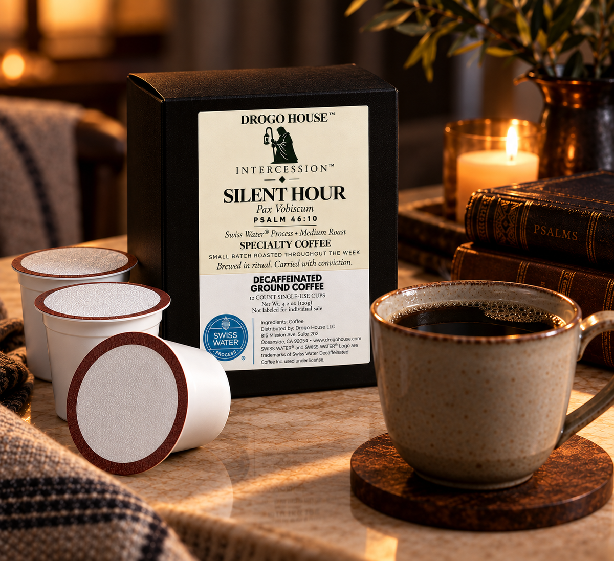 Silent Hour Swiss Water decaf single use specialty coffee — quiet evening coffee ritual