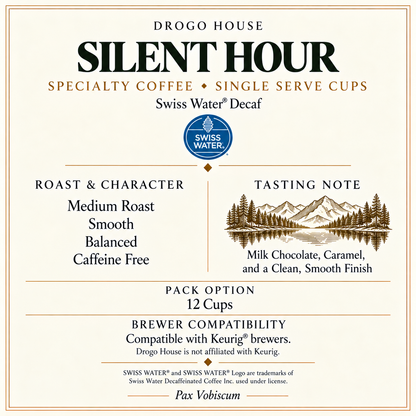 Silent Hour Swiss Water decaf single use specialty coffee — Medium roast, 12 cups and brewer compatibility