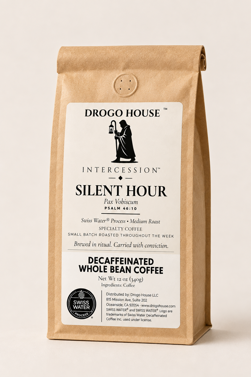 Drogo House Silent Hour Swiss Water Process decaf specialty coffee in a folded kraft bag