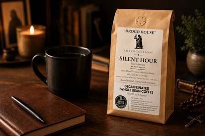 Silent Hour decaf coffee and a cup in a quiet ritual setting