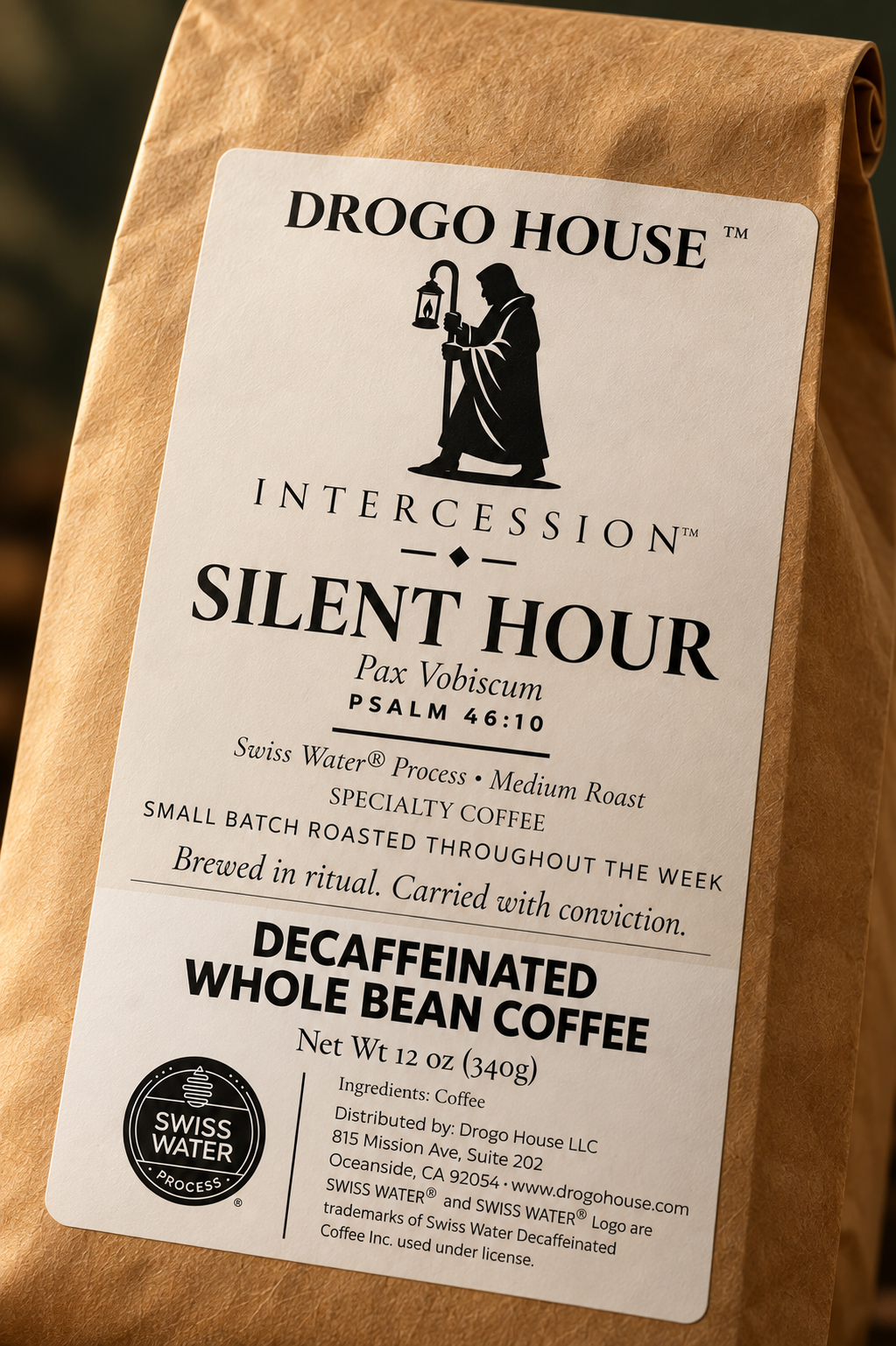 Close-up of Silent Hour packaging with the Swiss Water Process logo