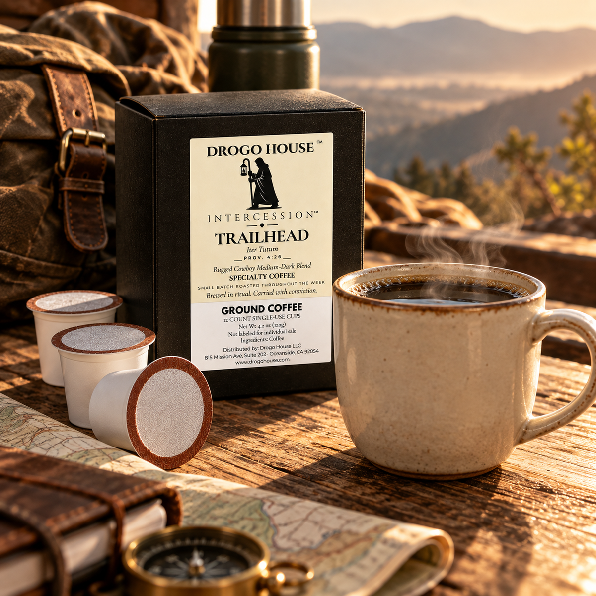 Trailhead single use specialty coffee — warm outdoor morning ritual