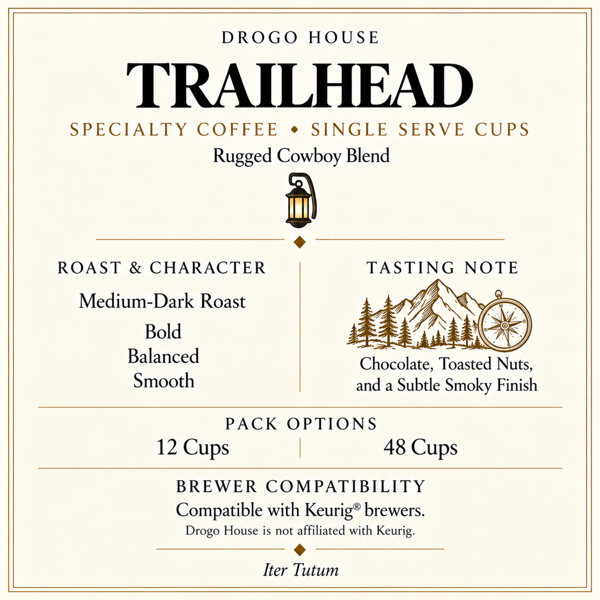 Trailhead single use specialty coffee — Medium-Dark roast, tasting notes, pack options and brewer compatibility