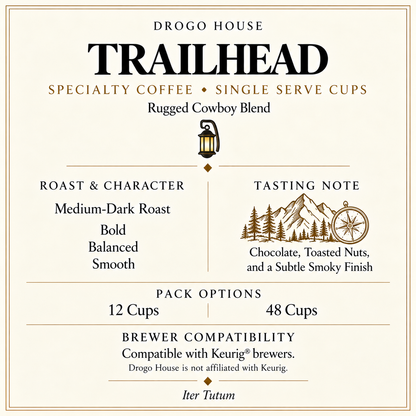 Trailhead single use specialty coffee — Medium-Dark roast, tasting notes, pack options and brewer compatibility